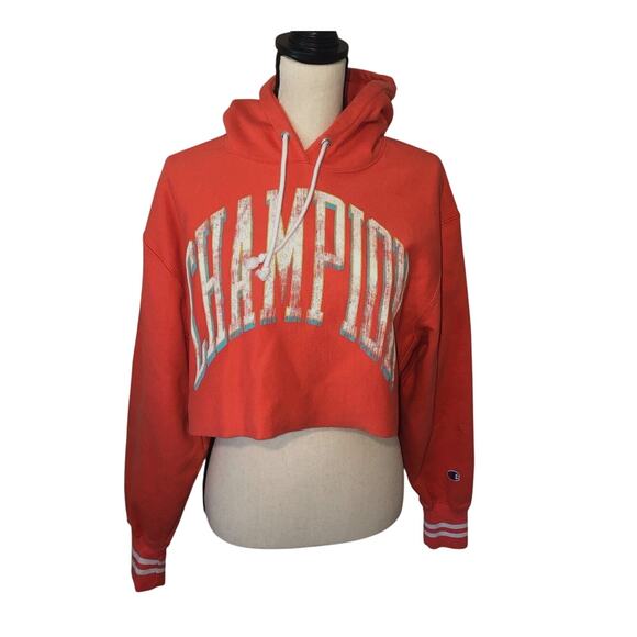 Champion Reverse Weave Cropped Hoodie Sweatshirt Size M Orange Graphic FLAWED - Picture 1 of 9